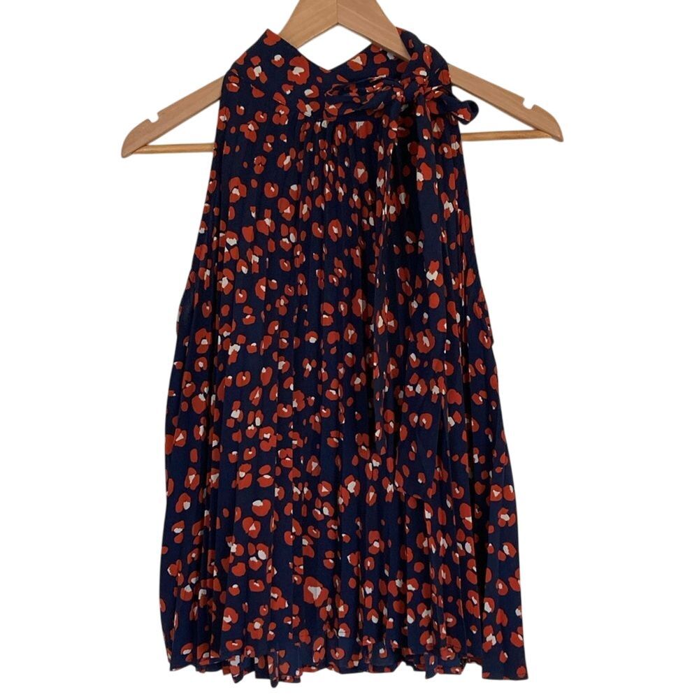 She + Sky Womens Sleeveless High Neck Blouse Size L Blue Rust Pleated Flowy